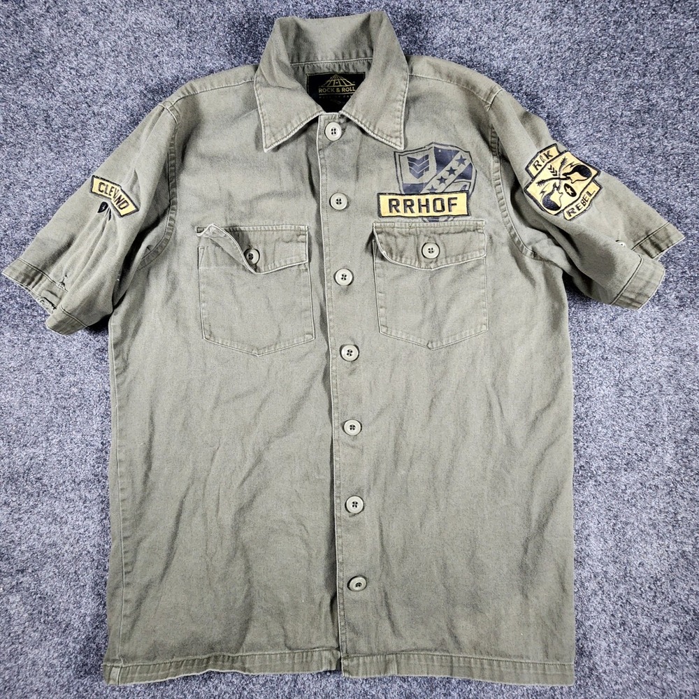 Rock & Roll Hall of Fame Mens Small Olive Green Military Patch Button Down Shirt - Picture 2 of 9